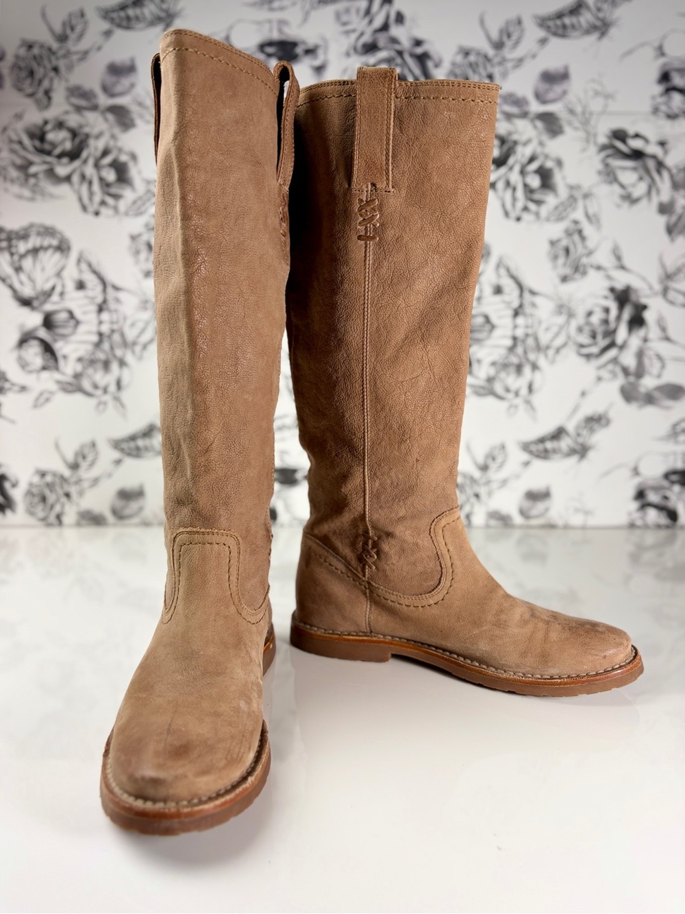 Frye Tan Leather Celia X Stitch Tall Knee-high Pull-On Riding Boots, Sz 7